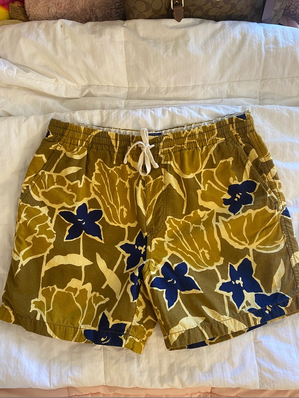 J. Crew Men's Mustard Floral Drawstring Shorts with Navy Flowers - Picture 2 of 7